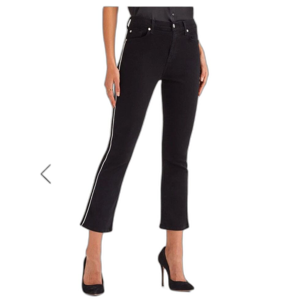 7 For All Mankind Black Stretch Cropped Flare Pants w/ White Trim Sz 28